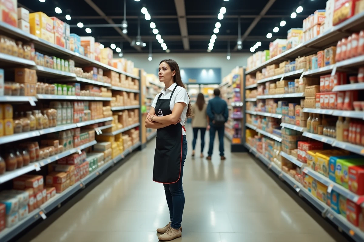 Intérieur du magasin Dancharia avec rayons bien achalandés et employée en service le dimanche