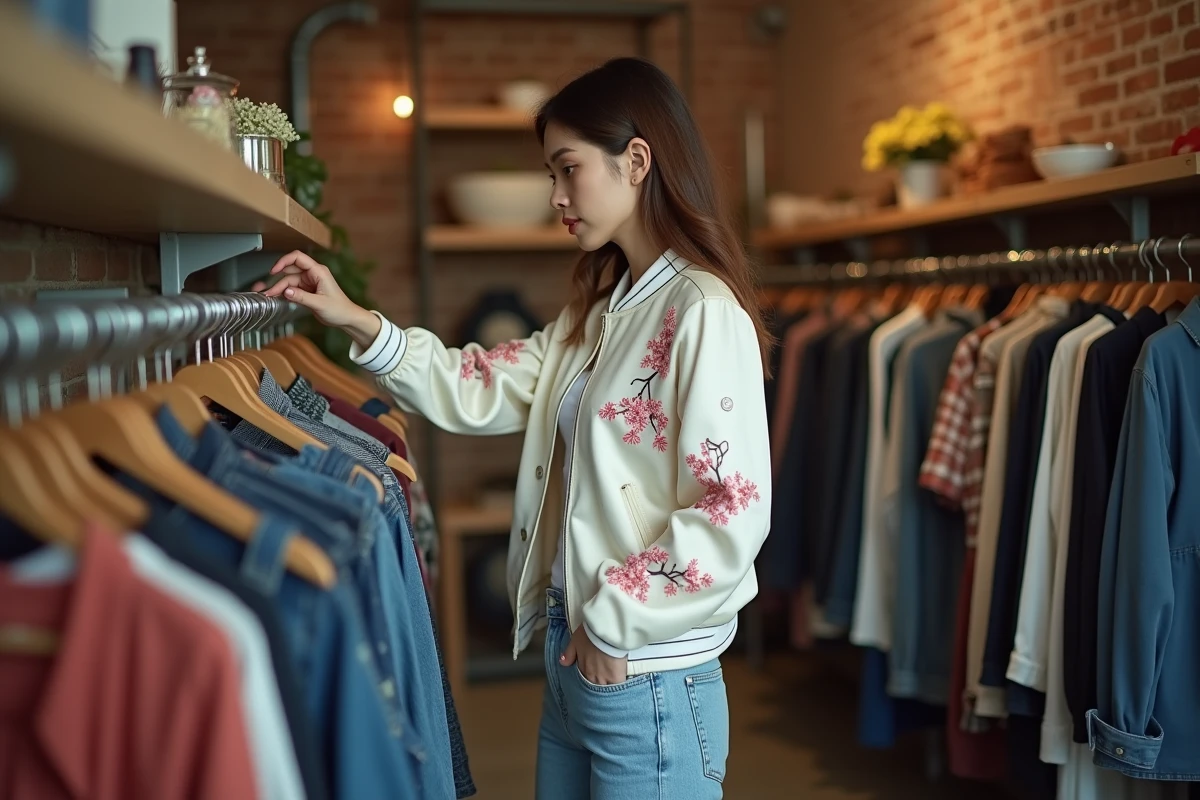 Femme en jacket souvenir blanche brodée de fleurs de cerisier et jean brut taille haute dans une boutique vintage