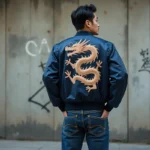 Homme portant une jacket souvenir brodée et un jean brut selvedge dans un décor urbain au style nippo-américain