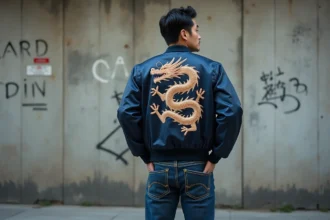 Homme portant une jacket souvenir brodée et un jean brut selvedge dans un décor urbain au style nippo-américain