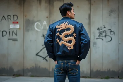 Homme portant une jacket souvenir brodée et un jean brut selvedge dans un décor urbain au style nippo-américain