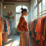 Jeune femme stylée dans une boutique de mode chic