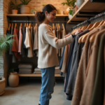 Jeune femme dans une boutique de mode durable avec vêtements terre cuite