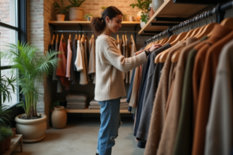 Jeune femme dans une boutique de mode durable avec vêtements terre cuite