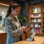 Jeune femme examine deux coques d'iPhone 15 Pro en magasin