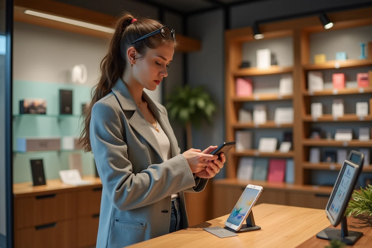 Jeune femme examine deux coques d'iPhone 15 Pro en magasin