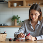 Jeune femme triant des rouges à lèvres dans une cuisine moderne