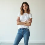Jeune femme modèle en studio avec jean et t-shirt blanc