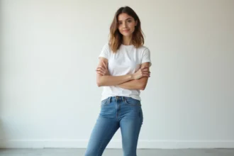 Jeune femme modèle en studio avec jean et t-shirt blanc