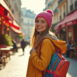 Jeune femme souriante dans une rue parisienne ensoleillée avec sac Cabaia