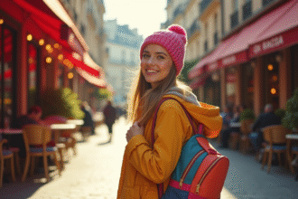 Jeune femme souriante dans une rue parisienne ensoleillée avec sac Cabaia