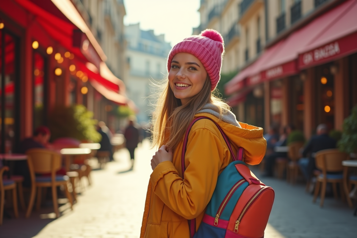 Jeune femme souriante dans une rue parisienne ensoleillée avec sac Cabaia