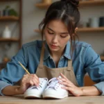 Jeune femme peignant des sneakers blancs dans un atelier créatif