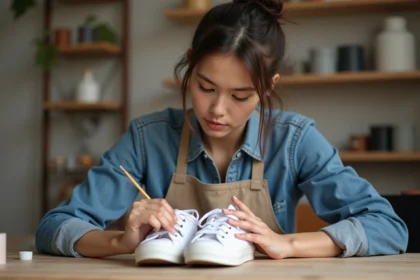Jeune femme peignant des sneakers blancs dans un atelier créatif
