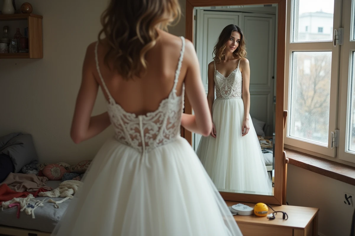 Jeune femme vérifiant sa robe de mariage dans un miroir