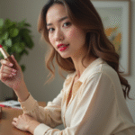 Femme appliquant rouge à lèvres dans un miroir moderne