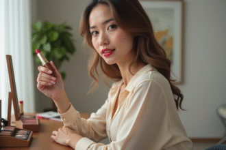 Femme appliquant rouge à lèvres dans un miroir moderne