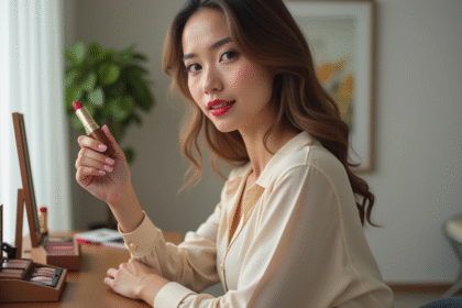 Femme appliquant rouge à lèvres dans un miroir moderne