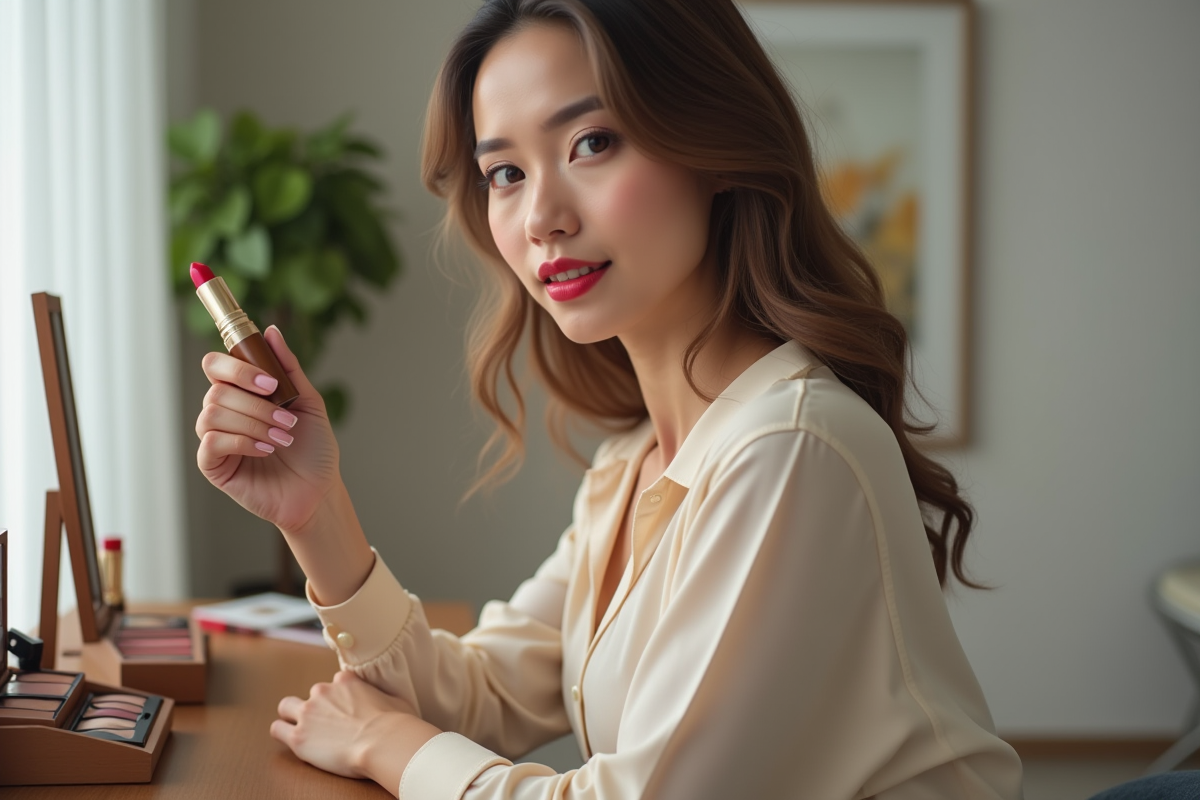 Femme appliquant rouge à lèvres dans un miroir moderne