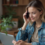 Jeune femme avec smartphone dans un bureau moderne