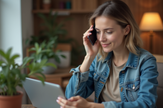 Jeune femme avec smartphone dans un bureau moderne