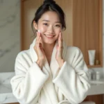 Jeune femme koreenne appliquant soin visage dans salle moderne