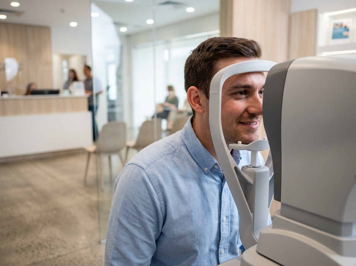Jeune homme souriant lors d’un examen de la vue