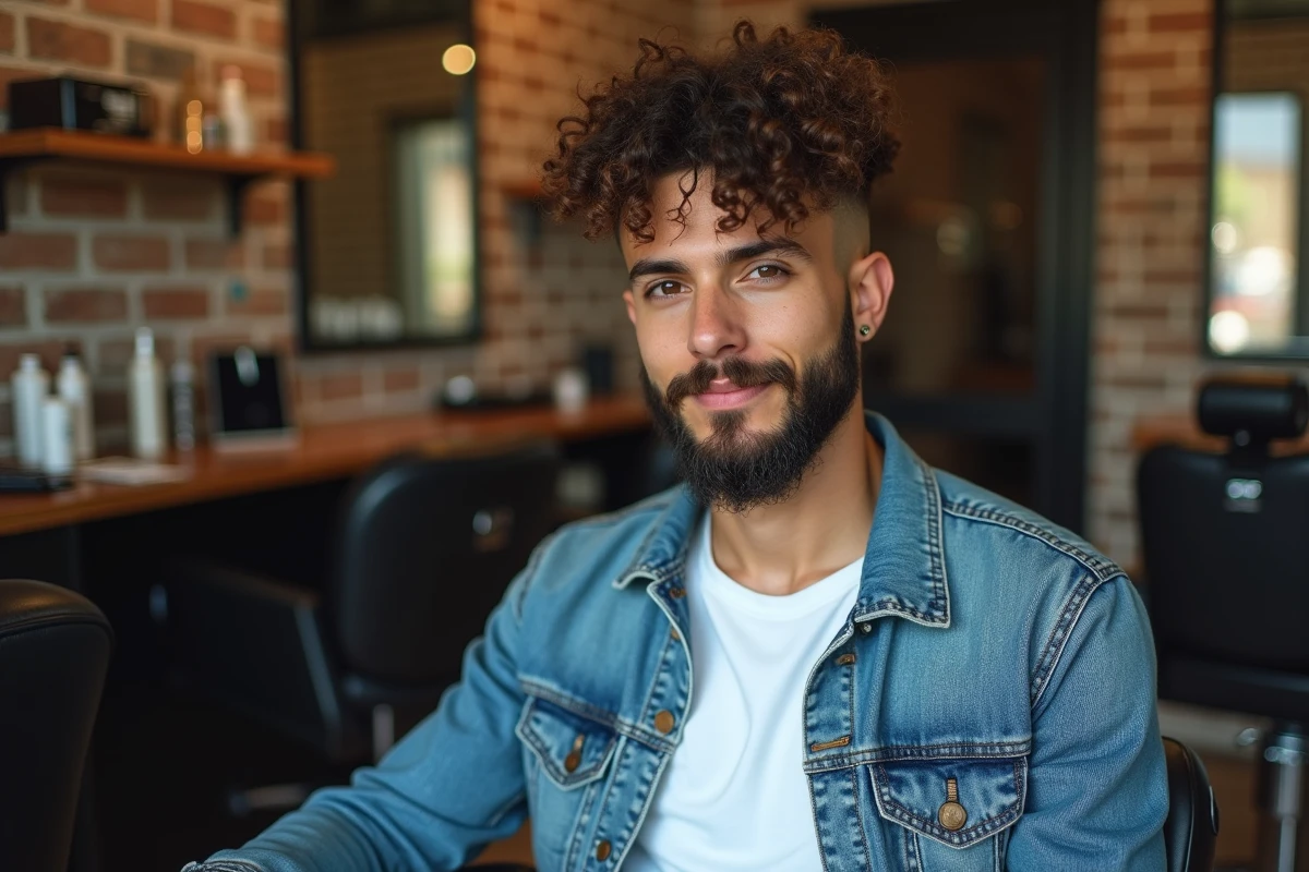 Jeune homme en barbershop avec coupe moderne et ambiance urbaine