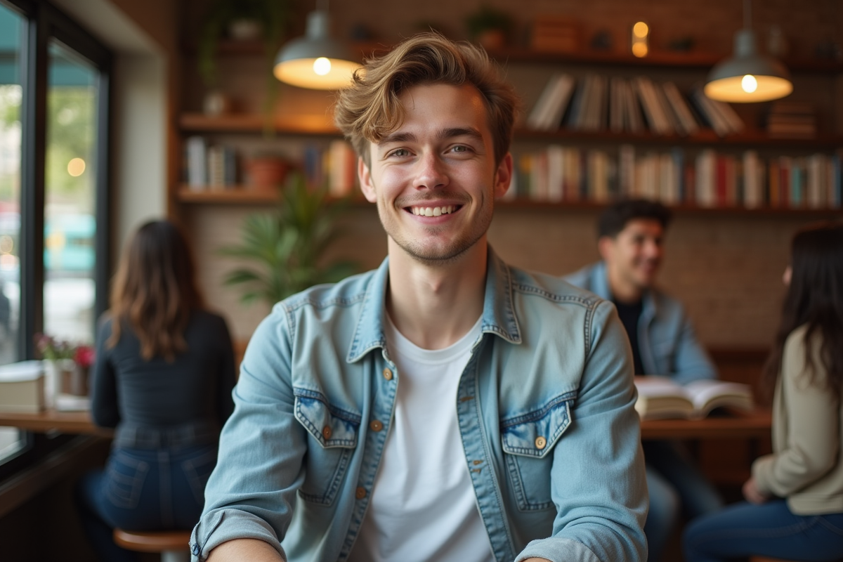Jeune homme souriant avec amis dans un café cosy