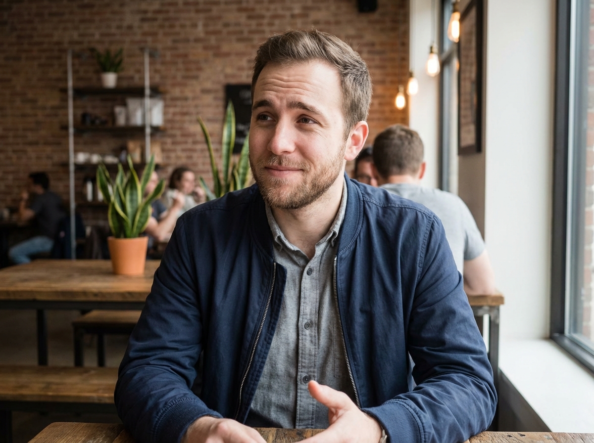 Jeune homme en veste légère assis au café en intérieur
