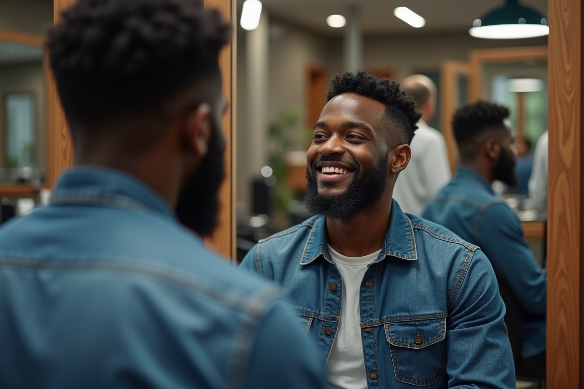 Jeune homme noir dans un salon de coiffure avec barbe nette