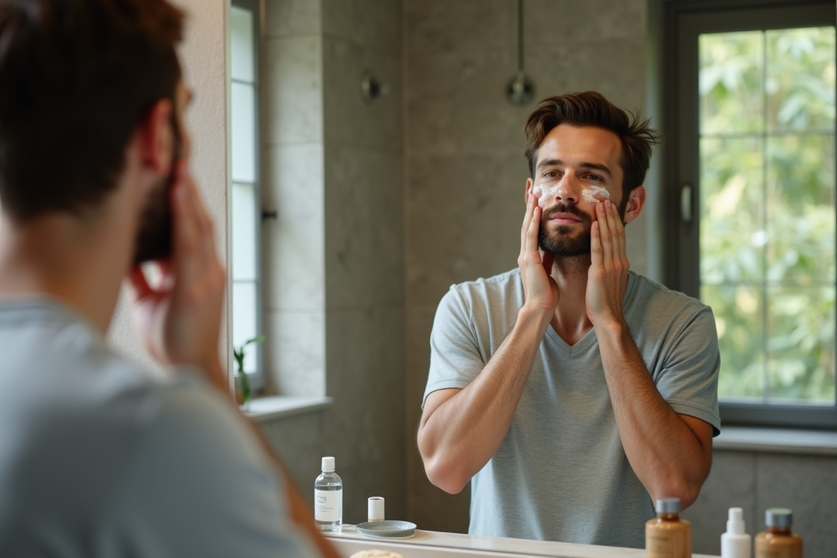 Jeune homme appliquant une creme visage devant miroir