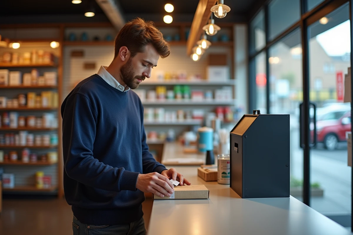 Jeune homme dépose un colis dans un magasin de proximité