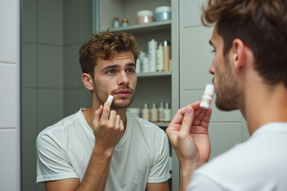 Jeune homme appliquant base sur ses lèvres dans salle de bain
