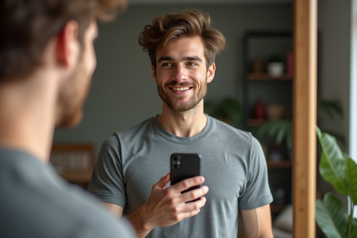 Jeune homme se regardant dans un miroir en essayant une nouvelle coupe