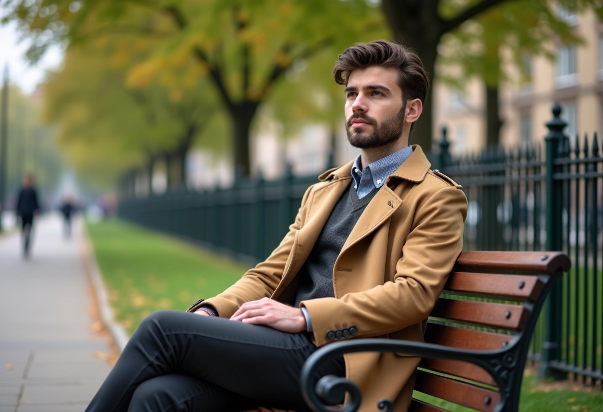 Jeune homme en trench camel assis dans un parc urbain