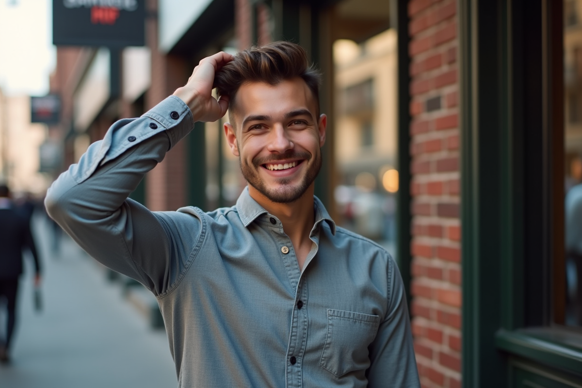 Jeune homme avec nouvelle coupe dans rue animée