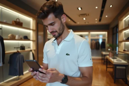 Jeune homme en polo crocodile dans une boutique moderne