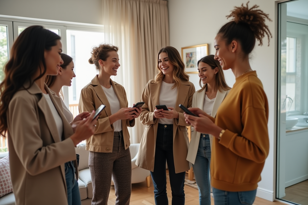 Jeunes échangeant des vêtements de luxe dans un salon lumineux
