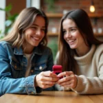 Deux adolescentes souriantes avec un anneau en forme de cœur dans un café