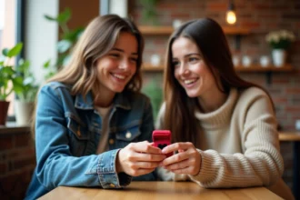 Deux adolescentes souriantes avec un anneau en forme de cœur dans un café