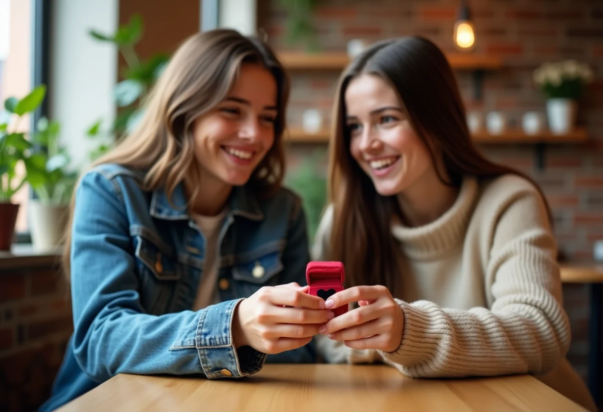 Deux adolescentes souriantes avec un anneau en forme de cœur dans un café