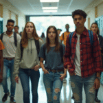 Groupe d adolescents divers dans un couloir scolaire avec enseignants