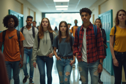 Groupe d adolescents divers dans un couloir scolaire avec enseignants