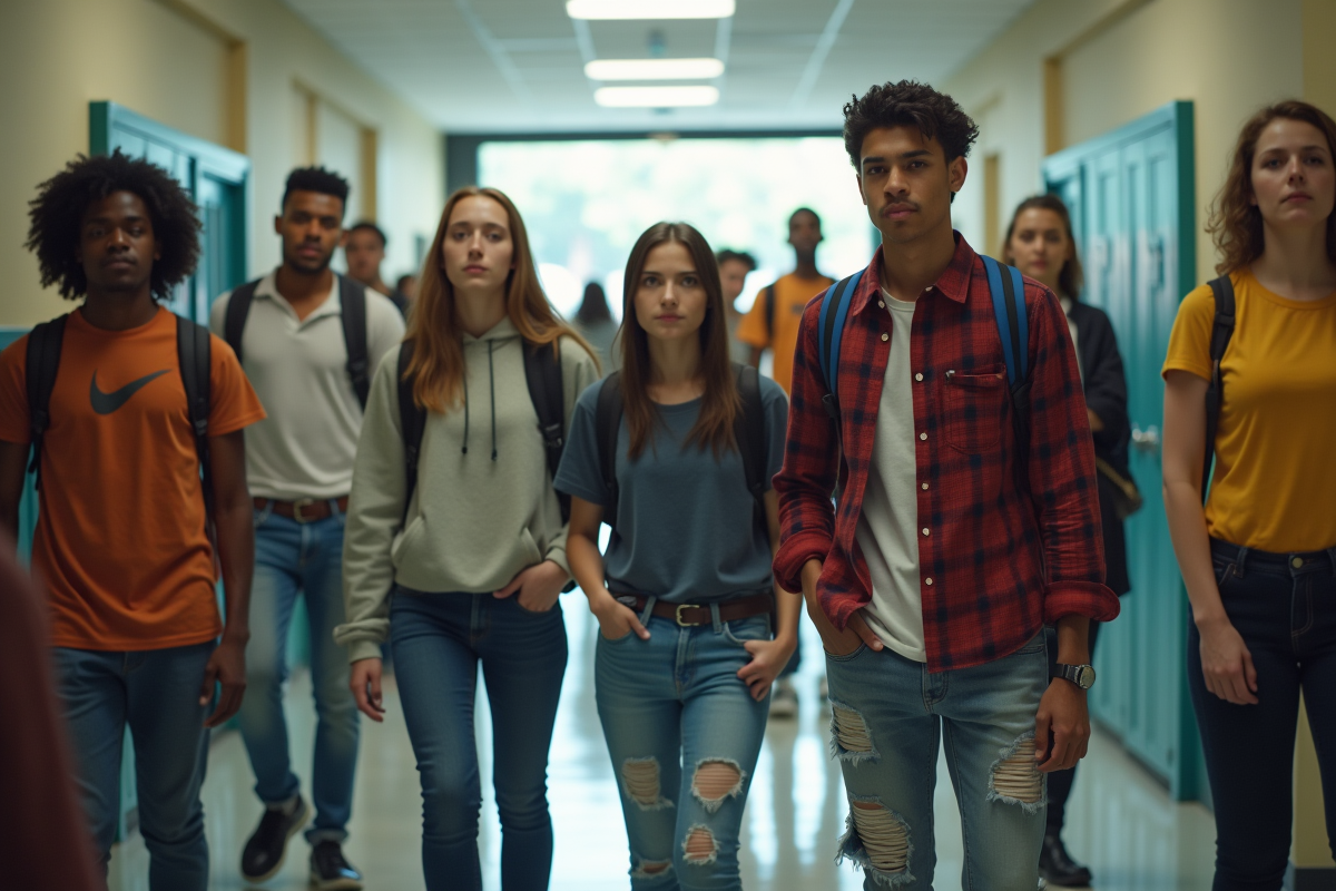 Groupe d adolescents divers dans un couloir scolaire avec enseignants