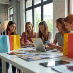 Groupe de jeunes achetant des vêtements en ligne avec smartphones