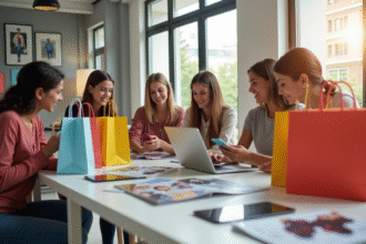Groupe de jeunes achetant des vêtements en ligne avec smartphones