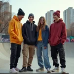 Groupe de jeunes urbains en streetwear devant un mur graffiti