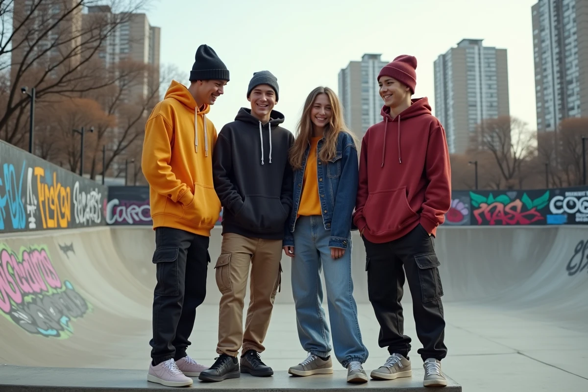 Groupe de jeunes urbains en streetwear devant un mur graffiti