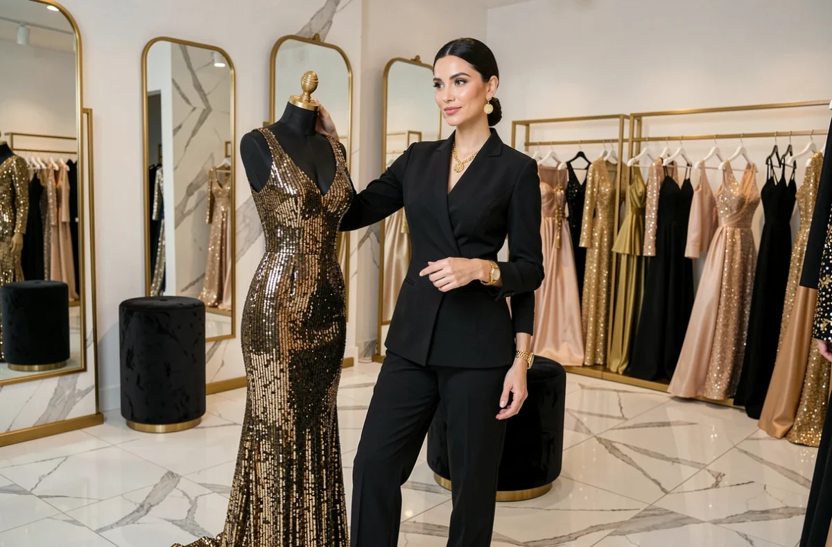 Styliste de La Maison Glam ajustant une robe de soirée à sequins dans un showroom luxueux de Toulouse